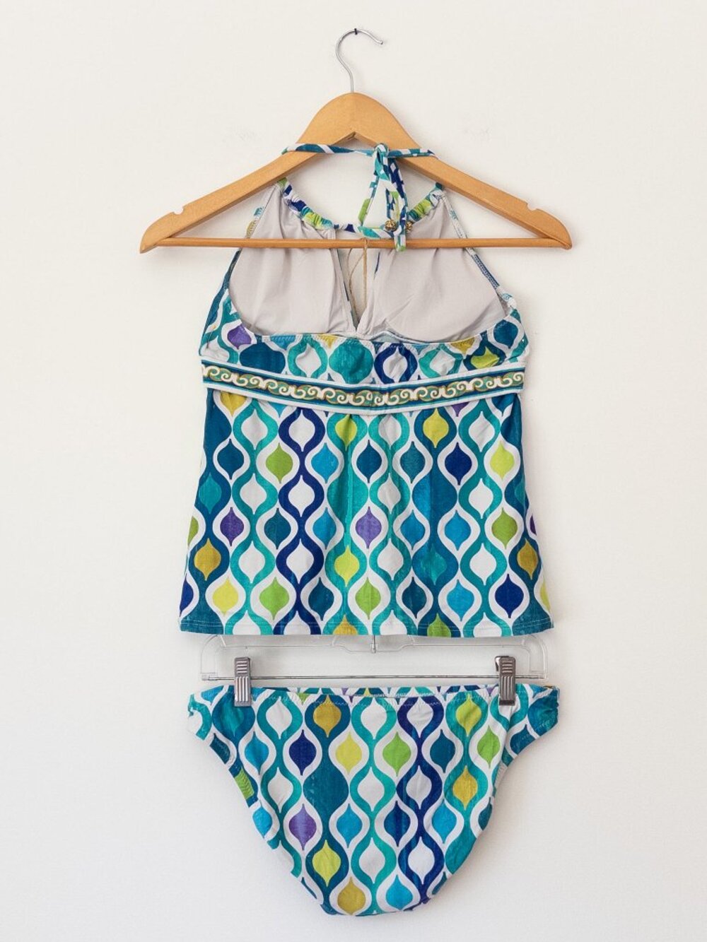 Trina Turk Tankini Swimsuit Size 6/8 Blue Green Geometric Halter 2 Piece 2000s - Picture 9 of 16
